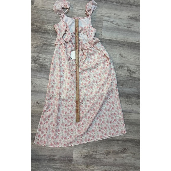 In February Floral Ruffle Dress Peony Pink Sleeveless Midi Tie Back Size M - Picture 5 of 7